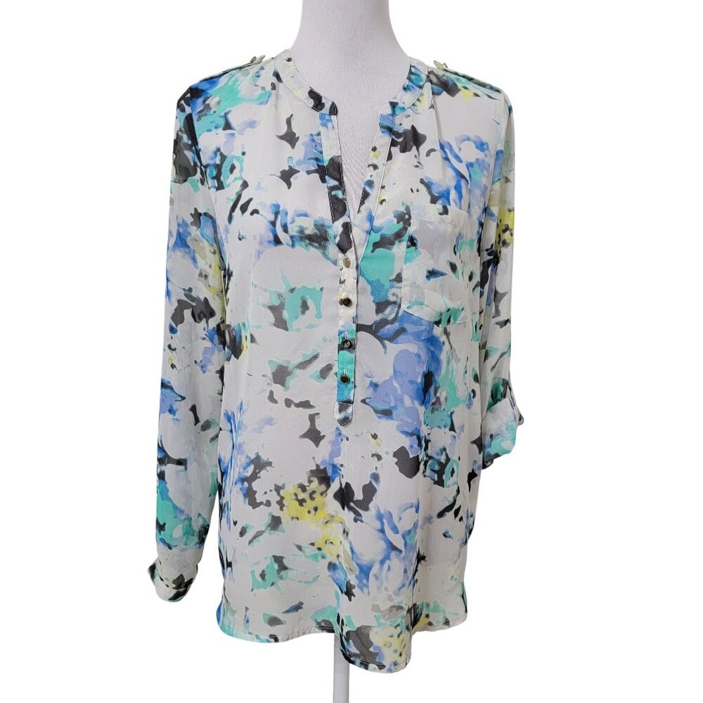 Apt. 9 White Black Blue Green Yellow V-Neck Pullover 1/2 Front Button Sheer Top